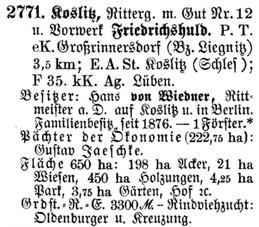 Koslitz und Friedrichshuld in Schlesisches Güteradressbuch 1905