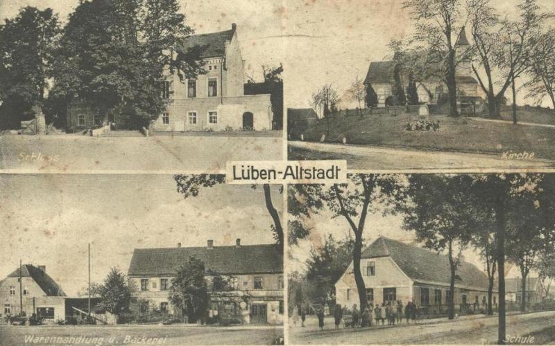Lüben Altstadt: Schloss, Kirche, Warenhandlung und Bäckerei, Schule. Dank an Tomasz Mastalski!