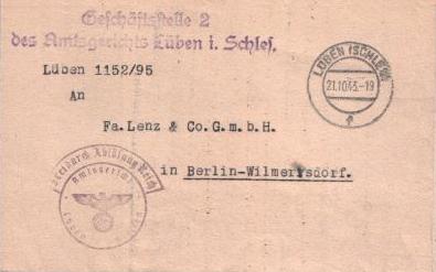 Schreiben des Amtsgerichts Lüben an die Fa. Lenz & Co. Berlin vom 21.10.1943