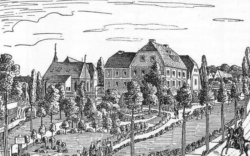 Alte katholische Kirche und das ehemalige herzogliche Schloss auf einer Zeichnung von 1850 aus Konrad Kloses Chronik S. 101