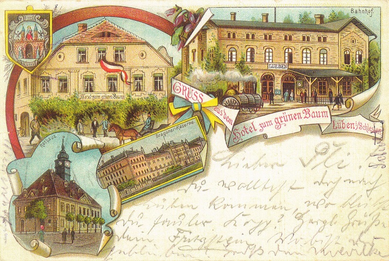 Hotel zum grünen Baum, Bahnhof, Rathaus, Dragoner-Kaserne