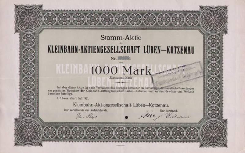 Stamm-Aktie der Kleinbahn AG Kotzenau-Lüben vom 1. Juli 1921