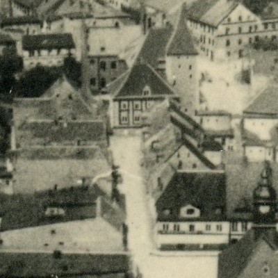 Niederglogauer Straße, Ausschnitt aus einer Luftbildaufnahme. Habsburger Haus bis Kullmannseite Ring und Rathaus