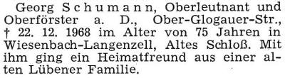 Todesanzeige Georg Schumann, Oberleutnant und Oberförster in Lüben im Lübener Heimatblatt 1968