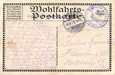 Feldpostkarte von August Burmeister vom 19.11.1915 aus einem Reservelazarett in Lüben
