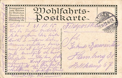 Feldpostkarte von August Burmeister vom 23.11.1915 aus einem Reservelazarett in Lüben