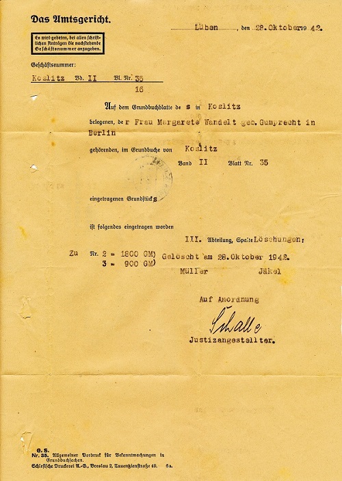 Grundbuchänderung des Amtsgerichts Lüben für Koslitz 1942