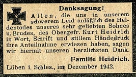 Unsere Danksagung im Lübener Stadtblatt vom 2.1.1943