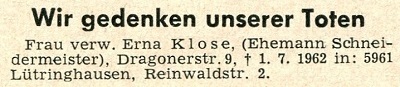 Nachruf für Schneidermeisterswitwe Erna Klose im Lübener Heimatblatt 20/1962