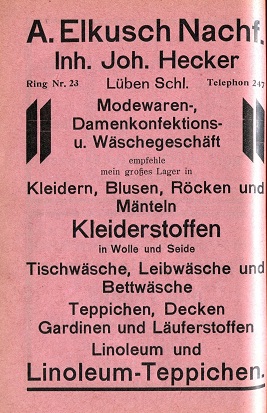 A. Elkusch Nachfolger: Johannes Hecker, Modewaren, Damenkonfektion, Wäsche, Gardinen u. v. a. m., Ring 23