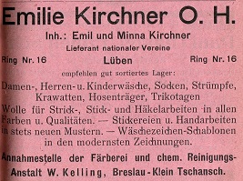 Emilie Kirchner, Emil und Minna Kirchner, Damen-, Herren- und Kinderwäsche, Kurzwaren, Annahmestelle Färberei/Reinigung, Ring 16