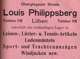 Louis Philippsberg, Leinen-, Lüster- und Tennis Artikel, Sport- und Trachtenbekleidung, Oberglogauer Str. 6
