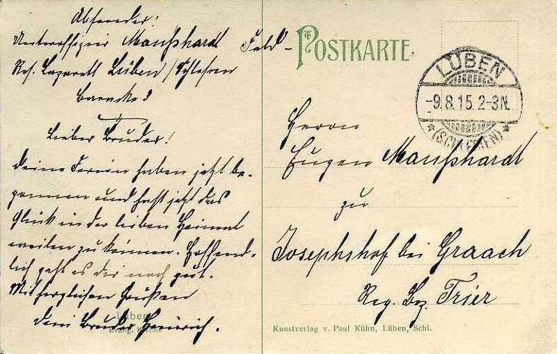 Feldpostkarte vom 9.8.1915 von Heinrich Manßhardt