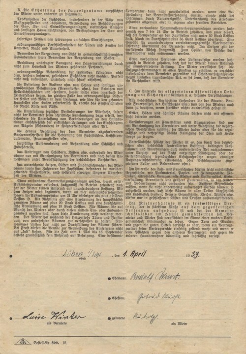 Mietvertrag für eine Zweizimmerwohnung in der Schulpromenade 9 ab 1.4.1939 zwischen der Vermieterin Luise Winter und dem Ehepaar Wurst, S. 4