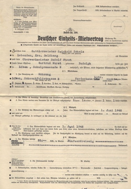 Mietvertrag für eine Zweizimmerwohnung in der Schwenkfeldstr. 2 ab 1.6.1942 zwischen dem Vermieter Reinhold Scholz und dem Ehepaar Wurst, S. 1