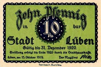 Vorderseite 10 Pfennig Notgeld Lüben, unterzeichnet von Bürgermeister Hugo Feige am 15.10.1919, gültig bis 31.12.1920