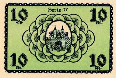 Rückseite 10 Pfennig Notgeld Lüben, unterzeichnet von Bürgermeister Hugo Feige am 15.10.1919, gültig bis 31.12.1920