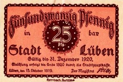 Vorderseite 25 Pfennig Notgeld Lüben, unterzeichnet von Bürgermeister Hugo Feige am 15.10.1919, gültig bis Ende 1920