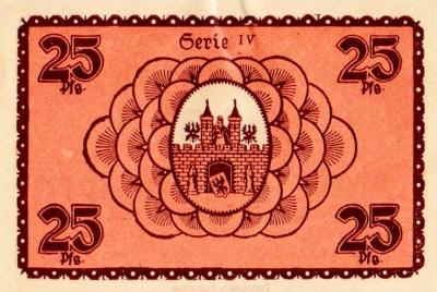 Rückseite 25 Pfennig Notgeld Lüben, unterzeichnet von Bürgermeister Hugo Feige am 15.10.1919, gültig bis Ende 1920