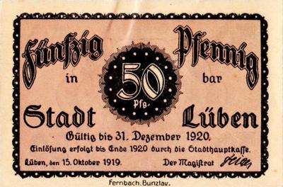Vorderseite 50 Pfennig Notgeld Lüben, unterzeichnet von Bürgermeister Hugo Feige am 15.10.1919, gültig bis Ende 1920
