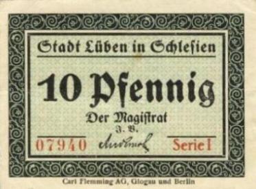 Vorderseite 10 Pfennig Notgeld Lüben 1.4.1917, unterzeichnet von Ratsherr Anderssohn
