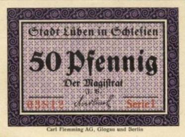 Vorderseite 50 Pfennig Notgeld Lüben 1.4.1917, unterzeichnet von Ratsherr Anderssohn
