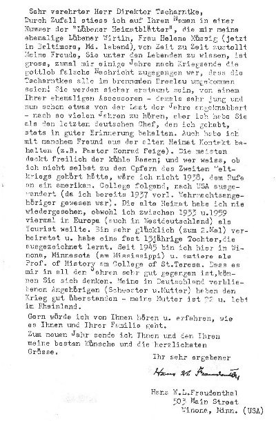 Brief von Hans W. L. Freudenthal an Erich Tscharntke aus dem Jahr 1967