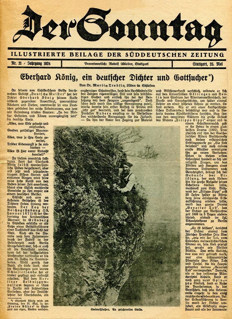 Dr. Martin Treblin über Eberhard König in der Sonntagsbeilage der Süddeutschen Zeitung vom 25.5.1924