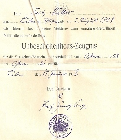 Unbescholtenheits-Zeugnis 1918