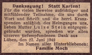 Danksagung im Lübener Stadtblatt vom 22.6.1942