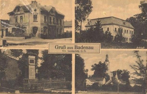 Badewitz/Badenau: Tschauders Bäckerei/Warenhandlung, Schloss, Kriegerdenkmal, Kirche