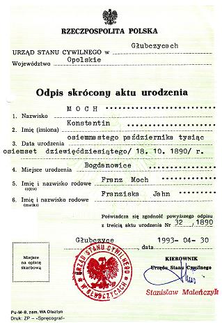 Geburtsurkunde Konstantin Moch aus dem Jahr 1993 auf Polnisch