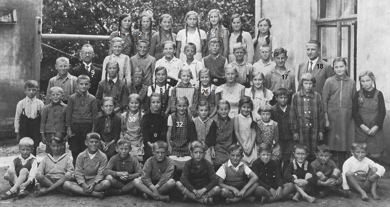 Schule Brauchitschdorf mit Kantor Kreutziger und Lehrer Scholze im Jahr 1934
