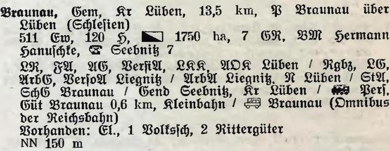 Braunau in: Alphabetisches Verzeichnis der Stadt- und Landgemeinden im Gau Niederschlesien 1939