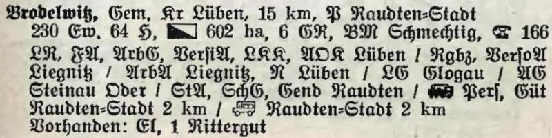 Brodelwitz in: Alphabetisches Verzeichnis der Stadt- und Landgemeinden im Gau Niederschlesien 1939