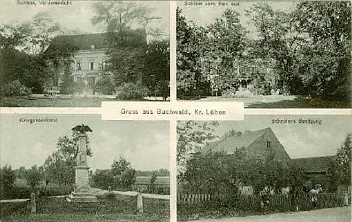 Schloss-Vorderseite, Schloss vom Park aus, Kriegerdenkmal, Schröters Besitzung