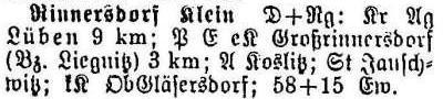 Klein Rinnersdorf in: Alphabetisches Verzeichnis sämtlicher Ortschaften der Provinz Schlesien 1913