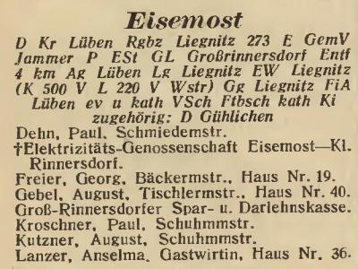 Eisemost in Amtliches Landes-Adressbuch der Provinz Niederschlesien 1927