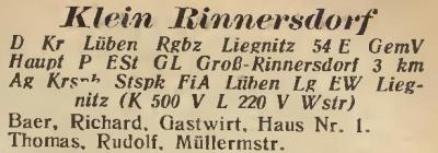 Klein Rinnersdorf in: Amtliches Landes-Adressbuch der Provinz Niederschlesien 1927