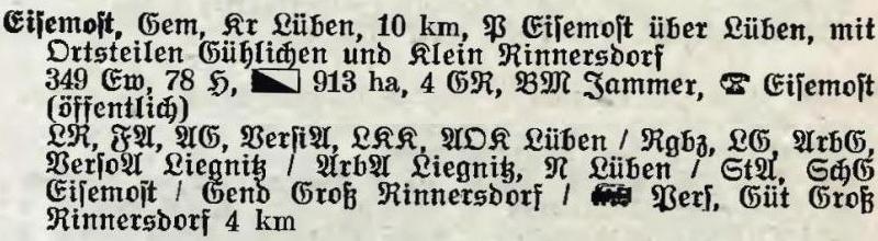Eisemost in: Alphabetisches Verzeichnis der Stadt- und Landgemeinden im Gau Niederschlesien 1939