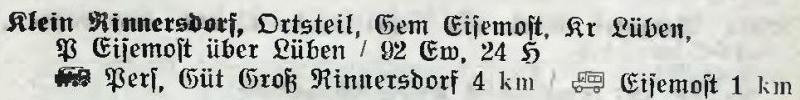 Klein Rinnersdorf in: Alphabetisches Verzeichnis der Stadt- und Landgemeinden im Gau Niederschlesien 1939