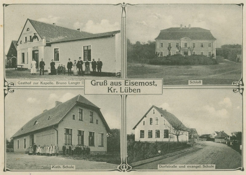 Eisemost: Gasthof zur Kapelle Bruno Langer, Schloss, katholische Schule, Dorfstraße und evangelische Schule.