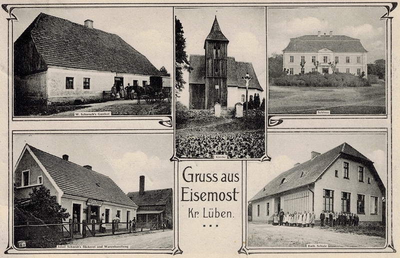 W. Schorsch's Gasthaus, Katholische Kirche, Schloss, Adolf Schmidts Bäckerei und Warenhandlung, Katholische Schule