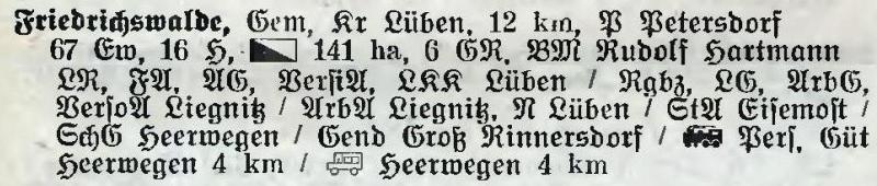 Friedrichswalde in:  Alphabetisches Verzeichnis der Stadt- und Landgemeinden im Gau Niederschlesien 1939