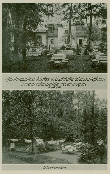 Ausflugslokal mit Café, Gaststätte und Waldgarten Waldschlößchen in Friedrichswalde bei Heerwegen, 1939