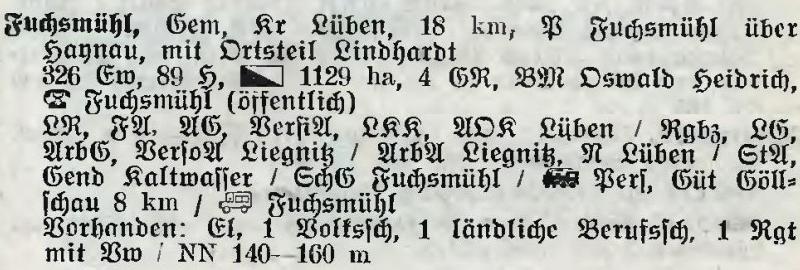 Fuchsmühl in: Alphabetisches Verzeichnis der Stadt- und Landgemeinden im Gau Niederschlesien 1939