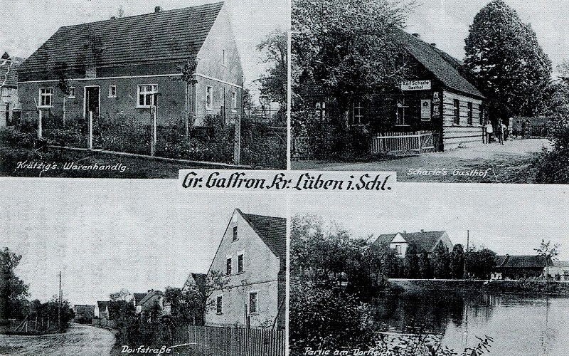 Groß Gaffron: Krätzig's Warenhandlung, Scharte's Gasthof, Dorfstraße, Partie am Dorfteich