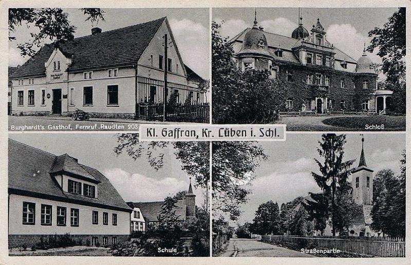 Klein Gaffron: Burghardt's Gasthof, Schloß, Schule, Straßenpartie mit Kirche