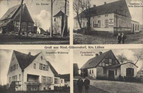 Niedergläsersdorf: Evangelische Kirche, Gasthaus Arthur Gutsche, Inspektorwohnung, Fleischerei Arthur Gutsche