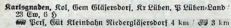 Karlsgnaden in: Alphabetisches Verzeichnis der Stadt- und Landgemeinden im Gau Niederschlesien 1939